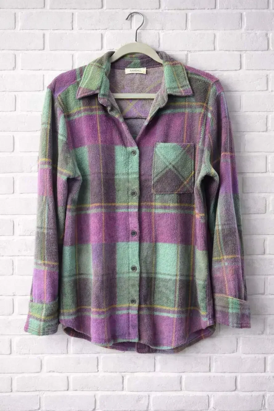 Zenana Purple and Green Plaid Brushed Long Sleeve Flannel Shacket QJL-1368Y